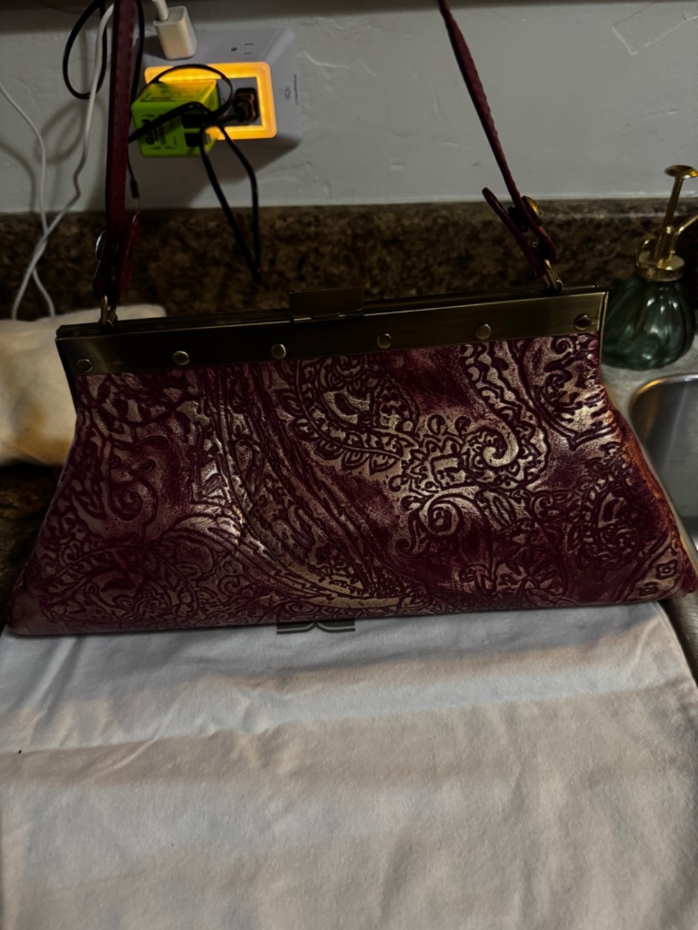 Women's Embossed Paisley Top-Handle Bag in Deep Burgundy. Patricia Nash